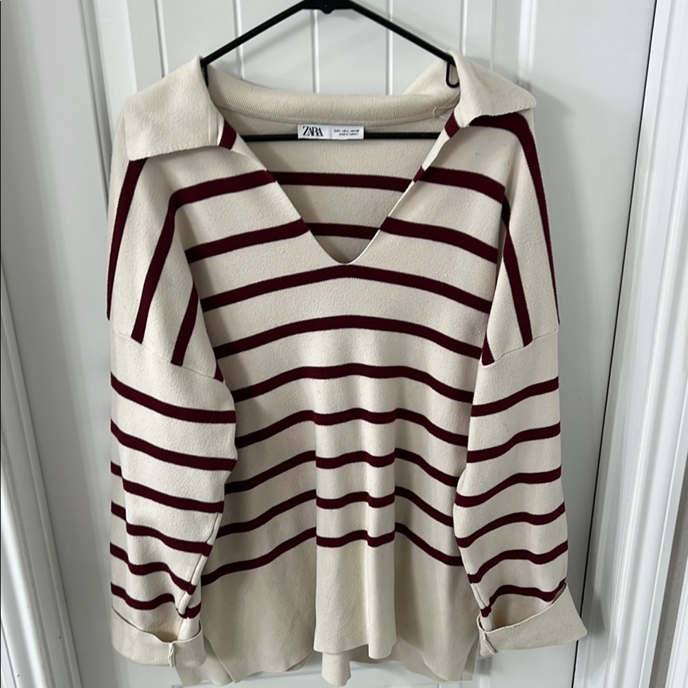 Zara oversized Beige and Burgundy Striped V-Neck Sweater